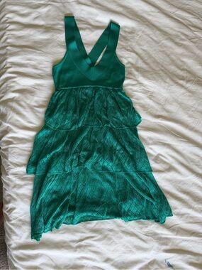 bebe Emerald Green Tiered Lace Dress with Crossback Straps